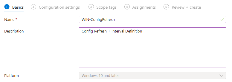 Creating a new Config Refresh policy in Intune Settings catalog